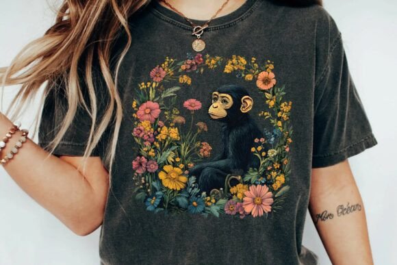 Download Cute Chimpanzee Vintage Floral Wreath Botanical Monkey Sublimation Design Png - Botanical monkey Collection